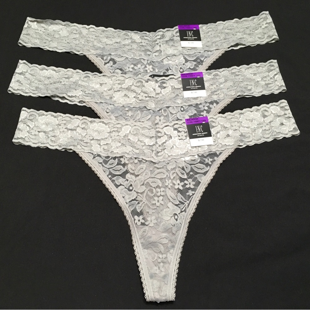3- Pair INC International Concepts Intimates XXL Dark Mist Gray Lace Thong Panty